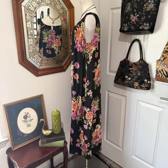 VTG Y2K Jones New York Sport Black & Multicolor Floral Silk Keyhole Maxi Dress - Picture 4 of 8